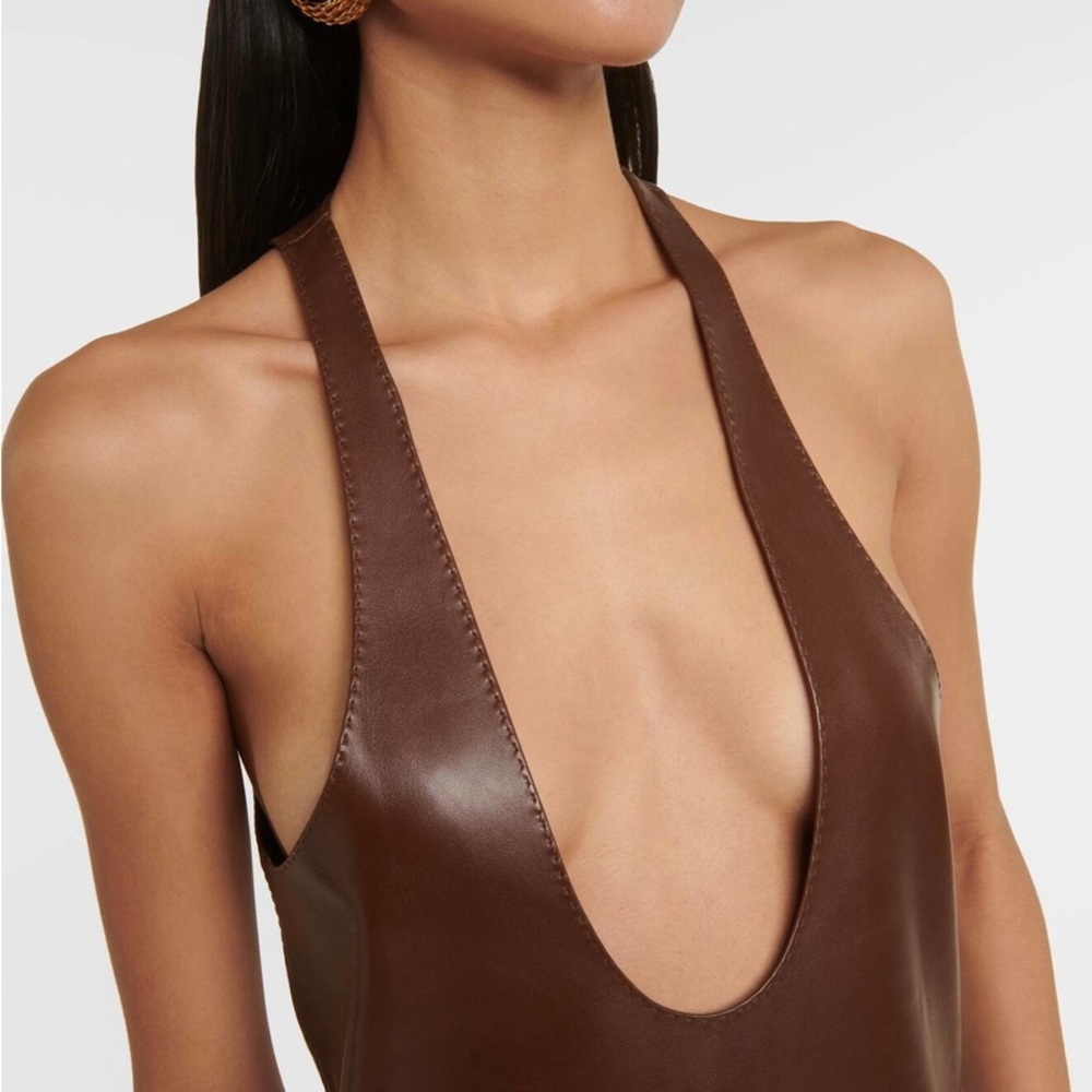 SAINT LAURENT Brown Leather
Plunging Tank Top
